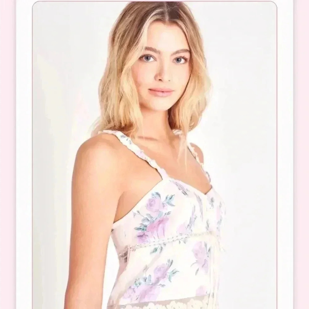 NWT Love Shack Fancy Lanzo Lace Trim Tank Top Mauve Rose L - Picture 4 of 8